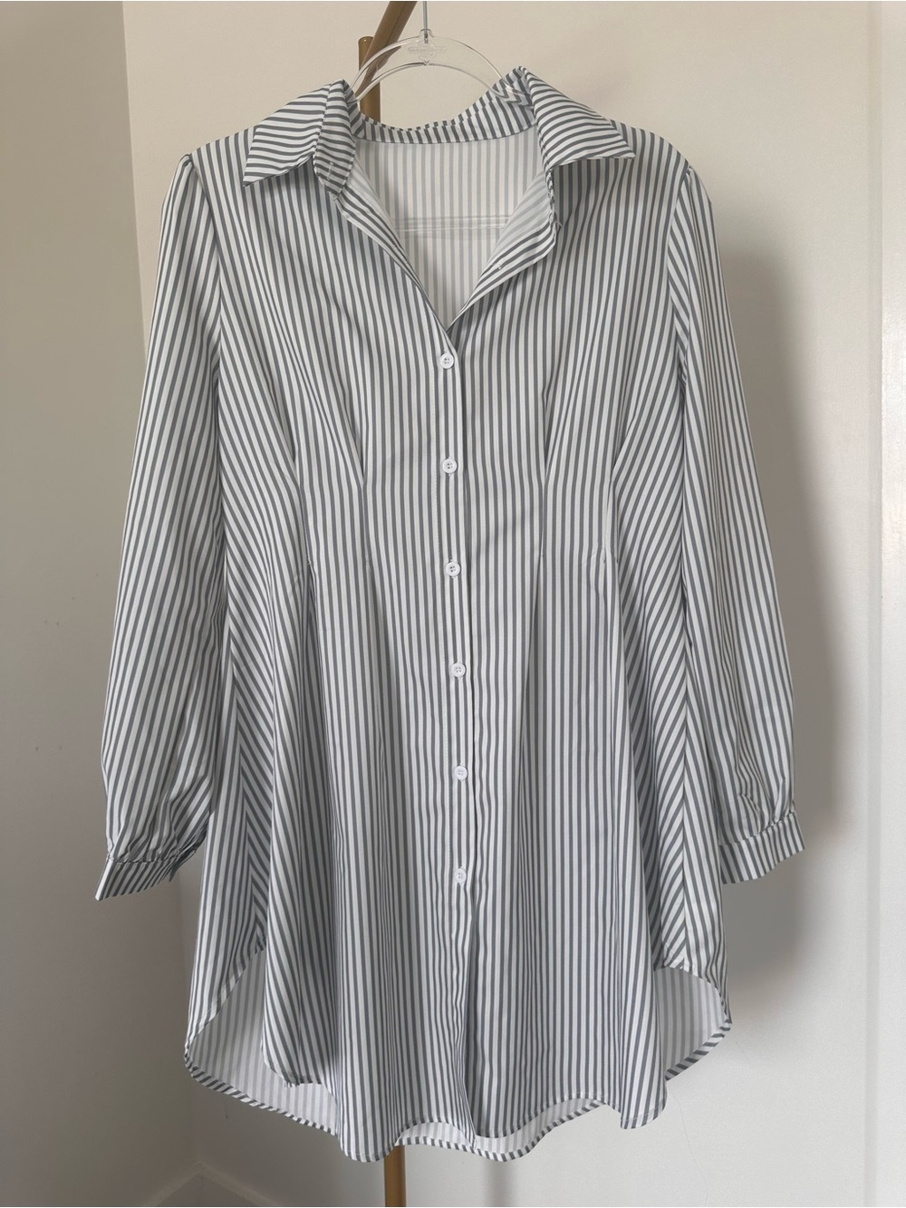 Striped Button-Front Tunic Shirt - White and Mint Green